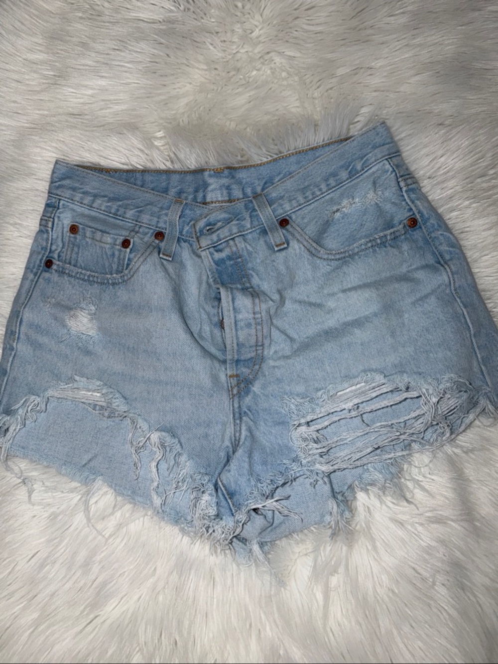 Levi's Light Blue High-Waist Distressed Denim Shorts